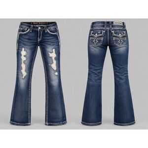 Rock Revival Essie CAPRI Jeans Women 29x26.5 Dark  FACTORY DISTRESSED WHISKERING